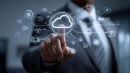 Fototapeta premium A dynamic visual of a businessman engaging with cloud computing and digital transformation tools. Generative AI