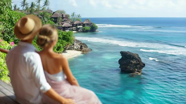 Romantic getaway: young caucasian couple enjoying ocean view