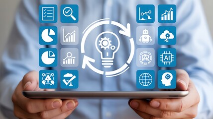 Hands holding tablet displaying holographic technology icons digital