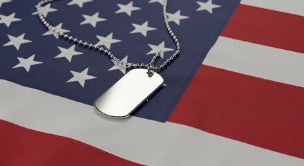 Silver military dog tag necklace placed on top of a flat, half-unfurled American flag on a clean white background. 