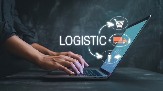 Hands typing on laptop with logistic icons and word technology