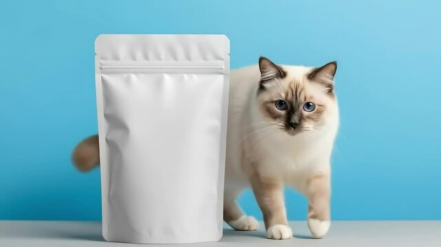 Adorable Birman Cat Posing Next to a Blank White Package, Creating a Charming and Eye-Catching Display, Birman Cat Advertisement with Blank Package for Versatile Marketing Uses