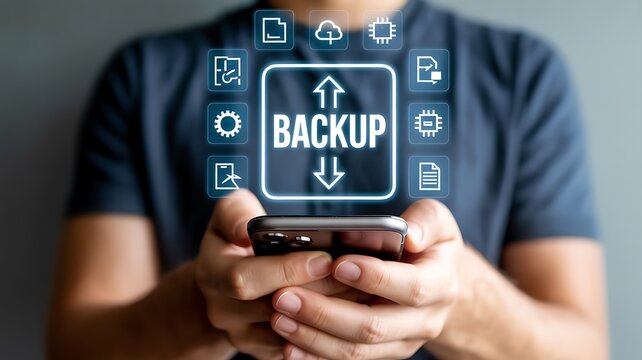 Person holding smartphone with digital backup icons technology data