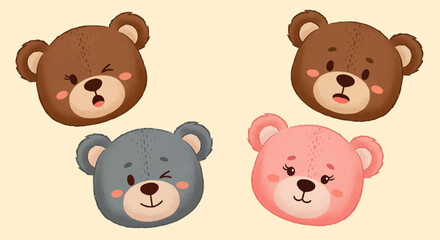 Fototapeta premium Cute Colorful Cartoon Bear Faces with Playful Expressions on Light Background 