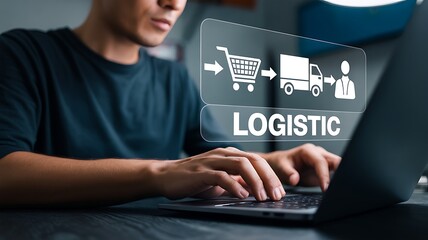 Person using laptop with logistic flow diagram delivery truck
