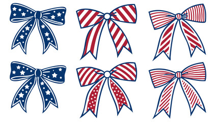 Collection of patriotic bows in red white and blue with stars and stripes patterns design