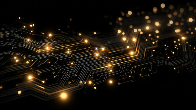 A sleek abstract composition featuring a black background adorned with flowing gold digital circuitry. Generative AI