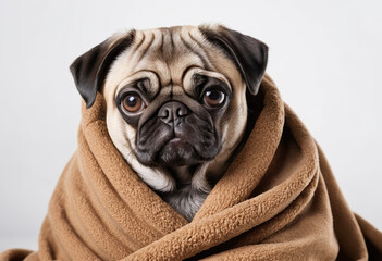 An adorable pug wrapped in a cozy brown towel, gazing directly at the camera with a curious and slightly sad expression. AI generated.
