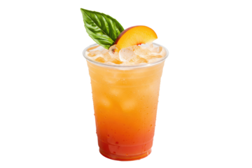 iced peach tea with fresh basil and fruit garnish