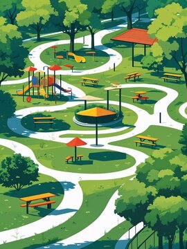 Modern public park landscape with playground picnic areas and winding pathways