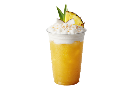 tropical pineapple coconut cooler with cream and fresh fruit garnish