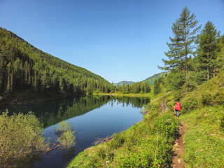 Hiking trail along the forest slope and mountain lake