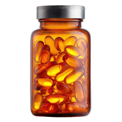A glass jar filled with amber-colored capsules, showcasing the vibrant hue and transparency of the supplements inside, ideal for health and wellness discussions.