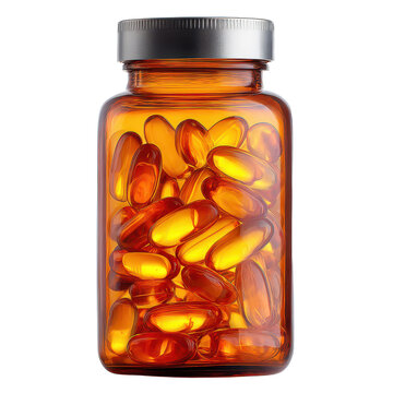 A glass jar filled with amber-colored capsules, showcasing the vibrant hue and transparency of the supplements inside, ideal for health and wellness discussions.