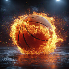 Burning basketball ball flying with flames