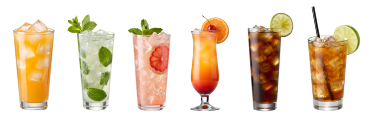 Refreshing selection of cocktails and beverages isolated on transparent background