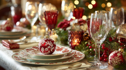 Elegant Christmas Table Setting with Red and White Ornaments