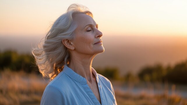 Elderly caucasian woman enjoying peaceful sunset in a tranquil nature setting - Powered by Adobe