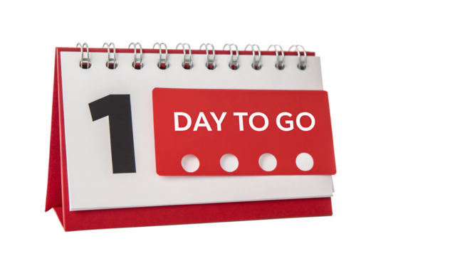 Calendar showing 1 day to go isolated on transparent background for event reminder or deadline