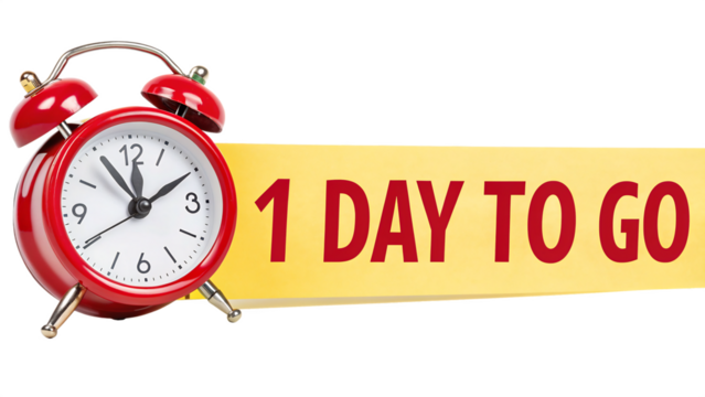Red alarm clock shows 1 day to go isolated on Transparent background - Powered by Adobe