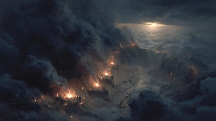Burning mountains and epic fantasy landscape emerging from dark clouds