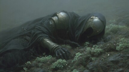 Fallen dark warrior lying on mossy ground in fog