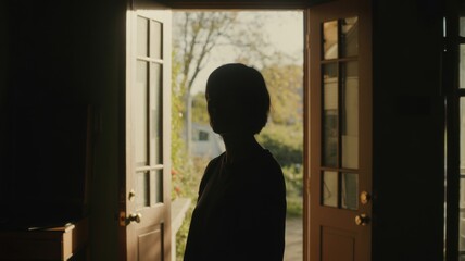 Silhouette of young asian female standing in sunlit doorway