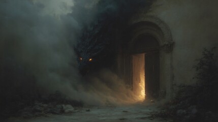 Dragon emerging from dark smoke in front of burning doorway