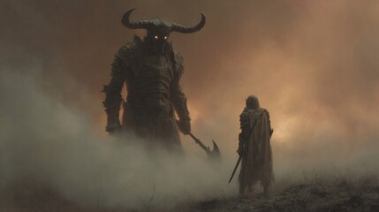 Giant warrior meeting small knight in a foggy landscape