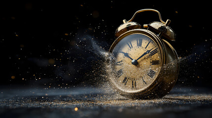 Fleeting time concept. Analog clock dissolving on black background