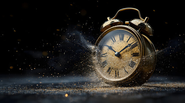 Fleeting time concept. Analog clock dissolving on black background