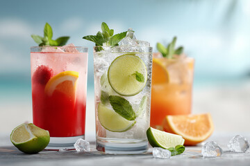 A refreshing trio of vibrant summer drinks, garnished with fresh fruit and mint, perfectly chilled with ice cubes, set against a blurred serene beach backdrop.

