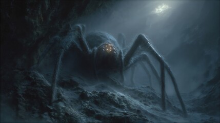 Giant spider lurking in dark fantasy cave illuminated by moonlight