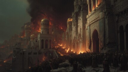 Army marching to conquer burning city at night