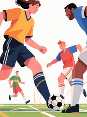Vector illustrations of football events, athletes playing football, promotional posters for sports meetings, flat and colorful cartoon characters, healthy and happy life
