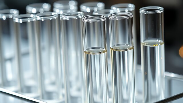 Glass Test Tubes with Liquid Refraction in Metallic Rack