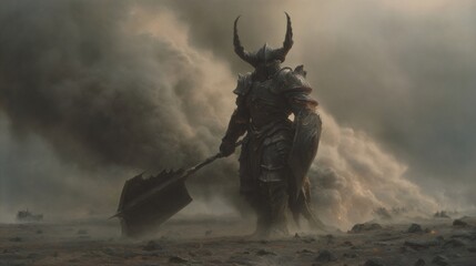 Powerful demon knight standing on battlefield holding large weapon