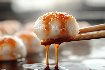 Chopsticks holding a dumpling with brown sauce dripping down, isolated on a transparent background, 