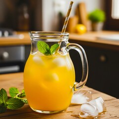 Refreshing lemon juice served with mint and ice in a sunny kitchen