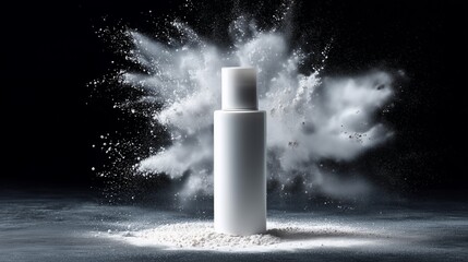 White Cosmetic Bottle with Powder Explosion on Black Background, Top View

