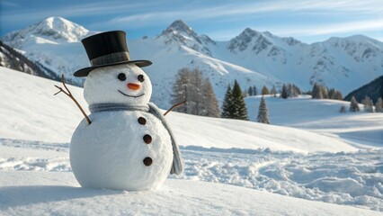 Photorealistic Snowman in Winter Mountains with Hat and Carrot Nose