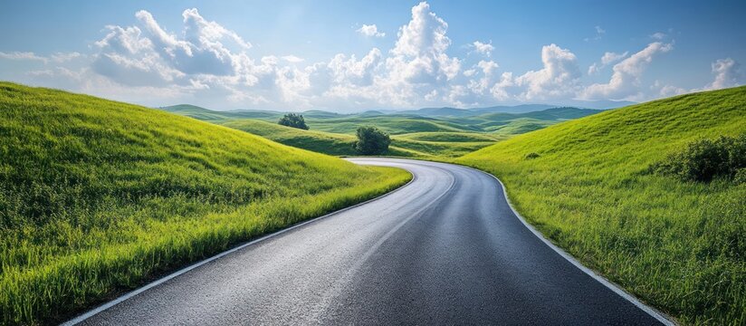 An empty asphalt highway winds through a green summer country landscape under a clear sky