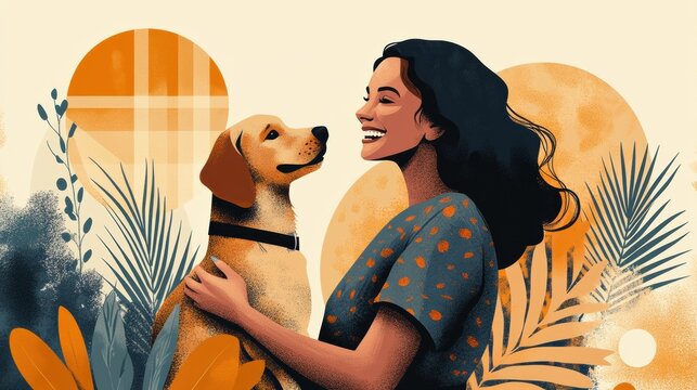Smiling woman embracing her dog in warm tones, digital painting style, love and friendship