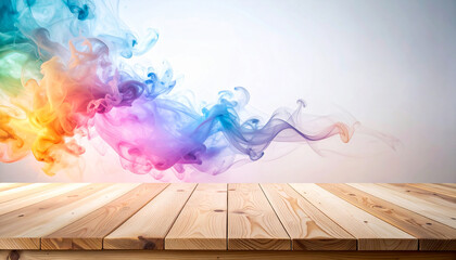 Fototapeta premium Close-up of a wooden empty table with colorful smoke effects and abstract glowing lights.