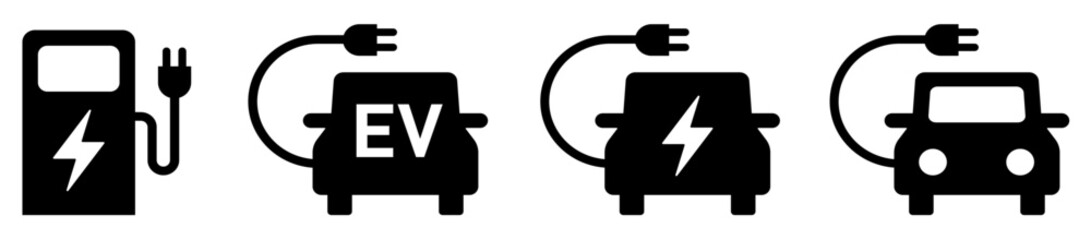 電気自動車・EV・エコカーと充電スタンドのアイコンイラスト正面