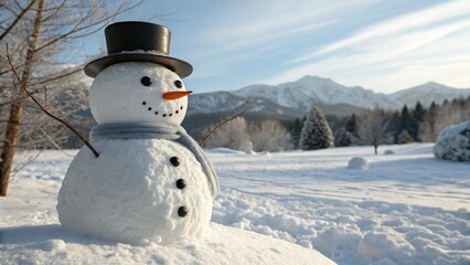 Photorealistic Snowman in Winter Mountains with Hat and Carrot Nose