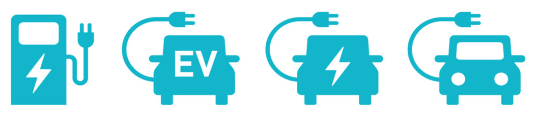 電気自動車・EV・エコカーと充電スタンドのアイコンイラスト青正面