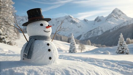 Photorealistic Snowman in Winter Mountains with Hat and Carrot Nose