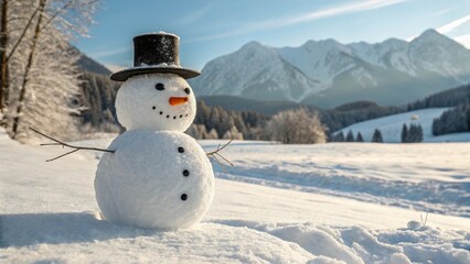 Photorealistic Snowman in Winter Mountains with Hat and Carrot Nose