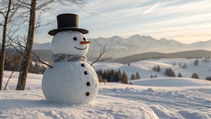 Photorealistic Snowman in Winter Mountains with Hat and Carrot Nose